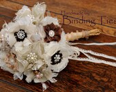 Ivory cream rustic shabby posie bouquet with silk, burlap, linen, lace, vintage buttons, pearls and diamante, all hand wired