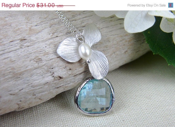 30% OFF Aqua Marine Blue Bridesmaid Necklace - Silver Orchid Flower Necklace - White Pearl