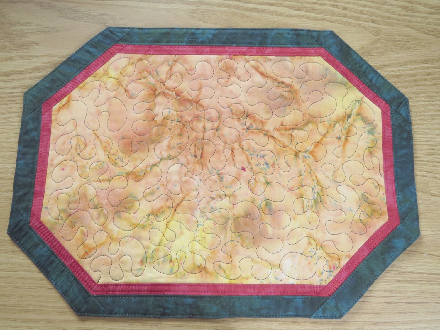 Quilted Reversible Placemats in Gold - Red - Emerald Green Batik
