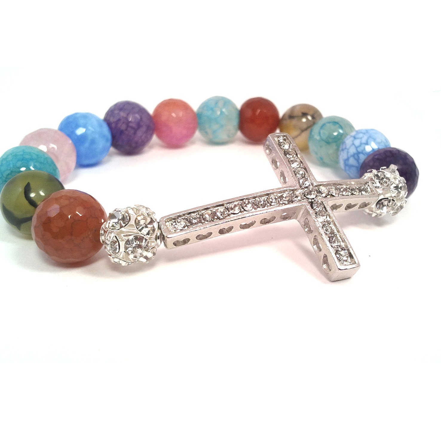 Sideways Cross Beaded Bracelet Multi Color Agate Mix Bead Stretch Bracelet