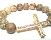 Sideways Gold Plated Cross Beaded Bracelet Wood Beaded Bracelet