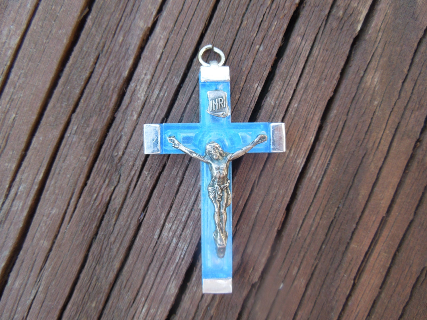 Vintage Cross Pendant, Stamped Lourdes, France, Crucifix in Silver Tone and Blue