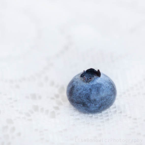 Alone and Blue - Single Blueberry Photo - blue white - Fine Art 8x8 Still Life Photo