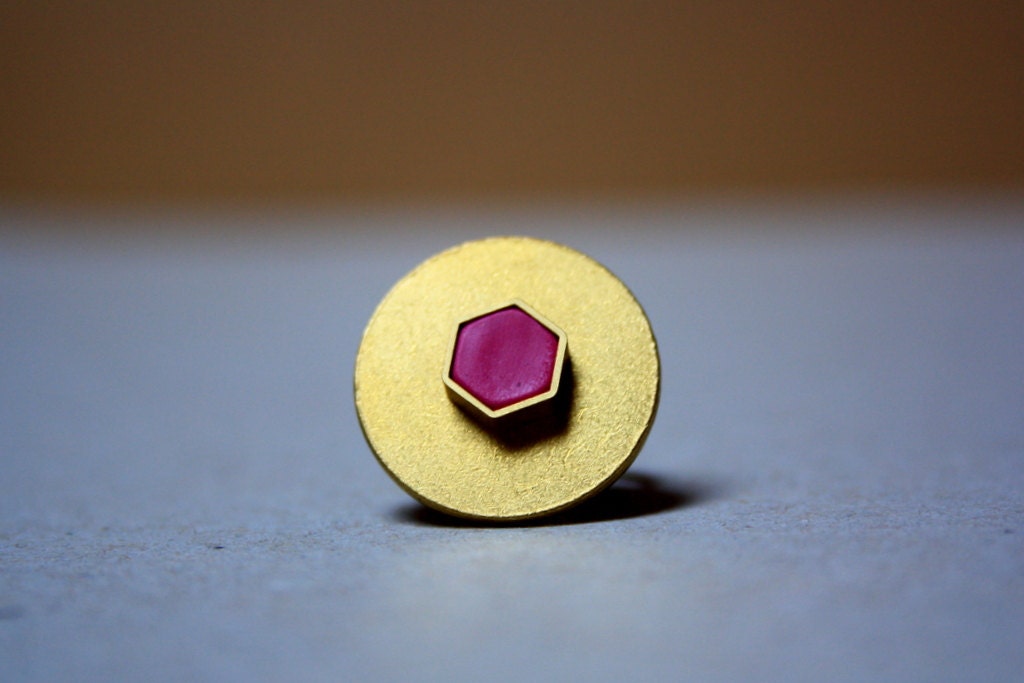 Brass Geometric RING - Hexagon on a disc - Choose your favourite colour