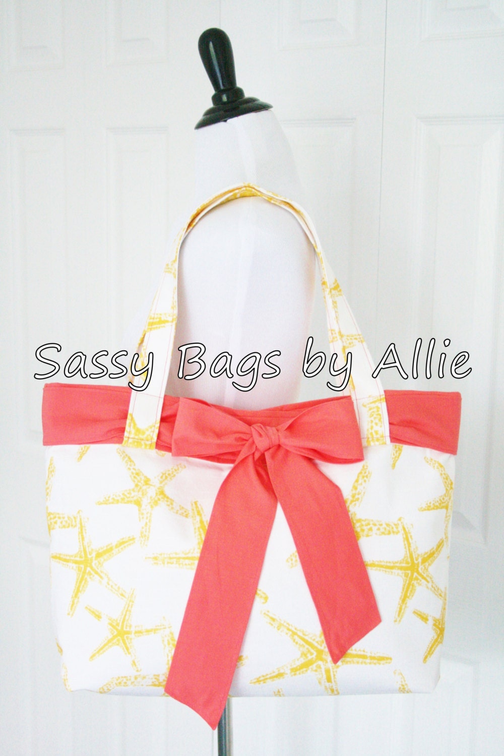 Sassy Starfish Handbag-Yellow and Coral with Bow-Large Purse-Cotton Slub