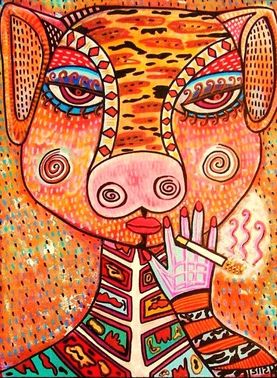 Pig Goddess Smoking' - SILBERZWEIG ORIGINAL Art PRINT - Mexican, Talavera, Tribal, Animal, Cigarette, Lipstick, Sexy, Flirt, Ham