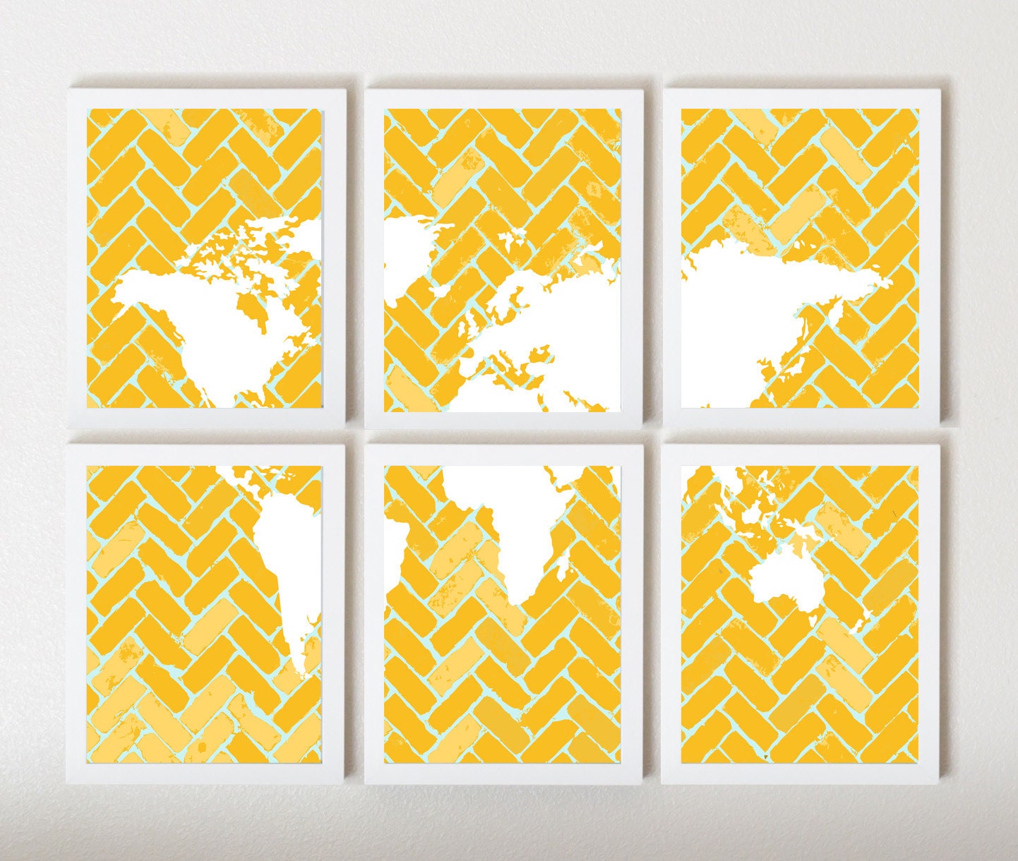 World Map on Chevron In Yellow & Light Blue in 6 Pieces