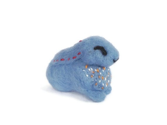 Posie - Needle Felted Moon Rabbit, Embroidered Plush Folk Miniature