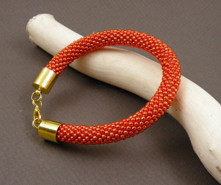 Orange beads crochet rope bracelet , beadwork bangle , beaded bracelet ,galvanized beads , gold and orange