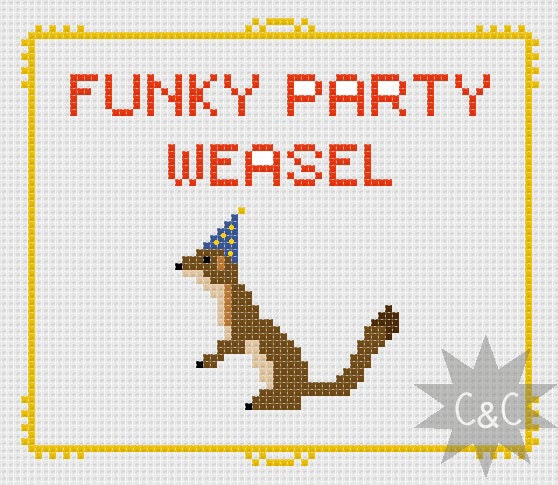 Buffy the Vampire Slayer Xander quote 'Funky Party Weasel' cross stitch sampler PDF pattern