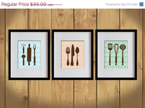 ON SALE Kitchen Art Print - Damask Art, Dining Utensils, Cooking Utensils - Set of 3 - 8X10 - Mint Green, Pink, Sky Blue, Brown- No. KB006-