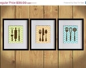 ON SALE Kitchen Art Print - Chevron, Dining Utensils, Cooking Utensils - Set of 3 - 8X10 - Apple Green, Orange, Sky Blue, Brown- No. KB006-