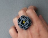 Flower Textile Ring in blue-gray and yellow, Weddings Bridal Bridesmaids Fiber Art Flower Jewelry, adjustable