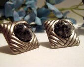 Vintage Silver and Blue Geometric Clip on Earrings  30% OFF Price Adjusted Summer Sale