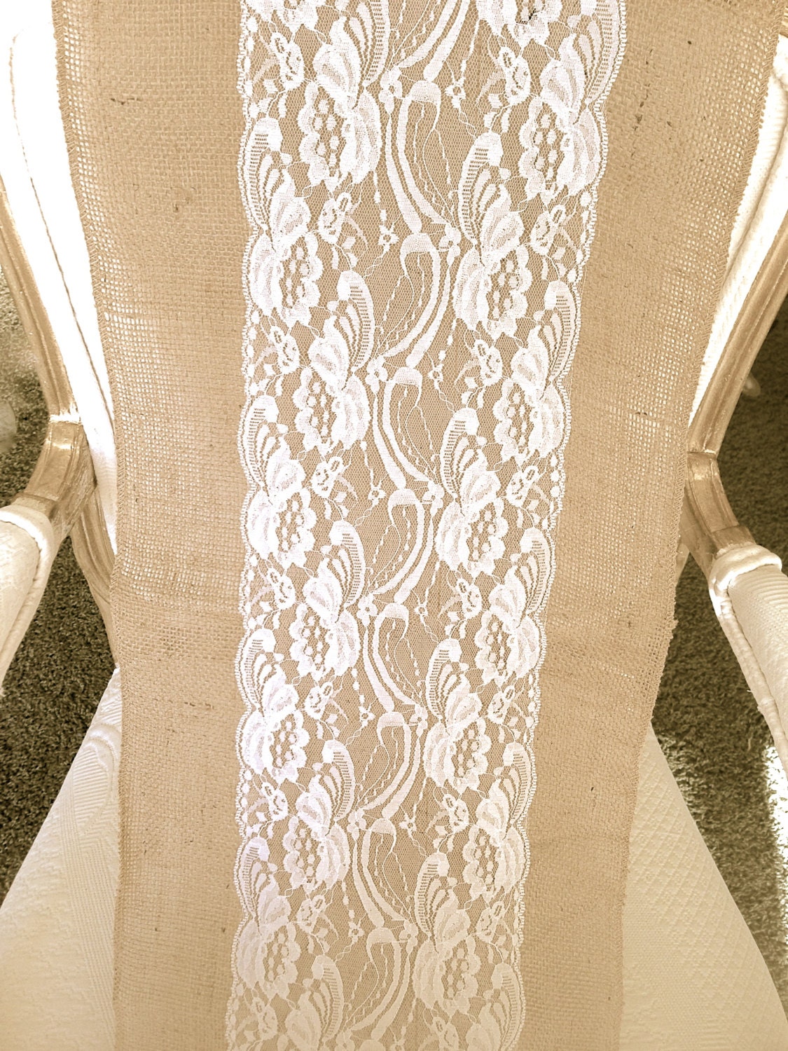 Vintage, White Lace,  Natural Burlap Table Runner,  12"x108".  Country, Shabby Chic, Vintage, or  Rustic Wedding