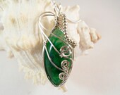 Wire Wrapped Stone Pendant, Green Dragon Vein Agate, Handmade Jewellrey