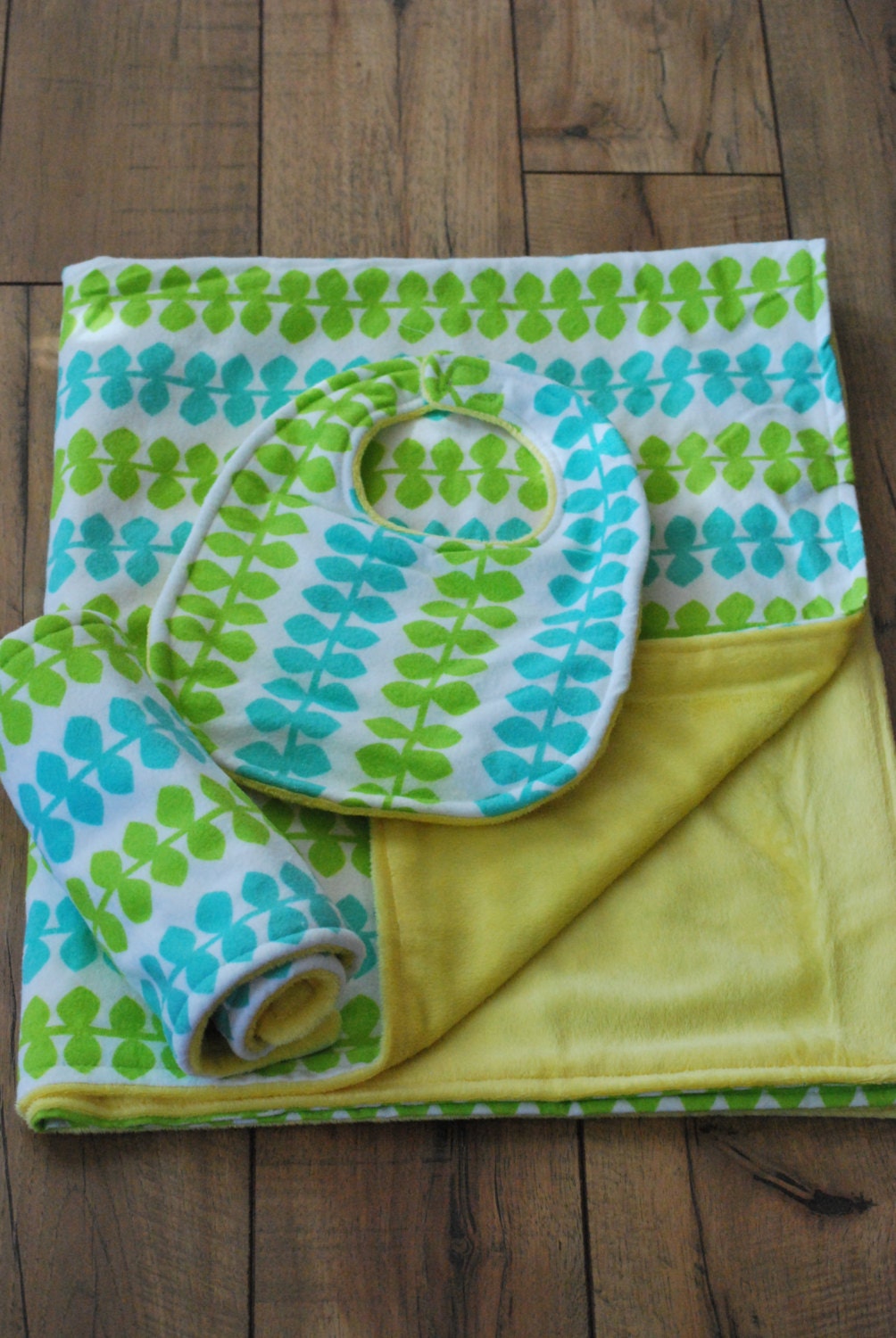 Triple-Layer Flannel and Minky Gift Set-Blanket, Burp Cloth and Bib-Boy or Girl