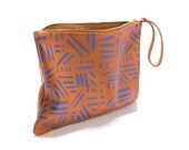 BOGO - large leather clutch, hand screen printed, foldover clutch in saddle brown and blue