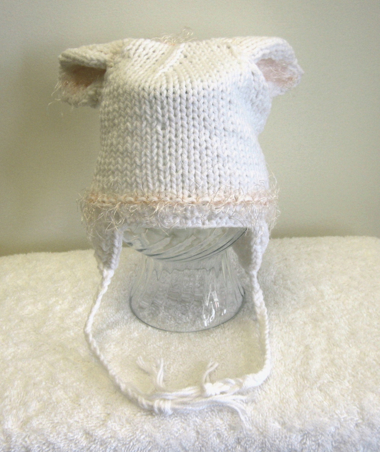 Newborn White Easter Bunny Hat with Pink Fun Yarn, Flaps & Ties