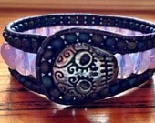 Triple Leather Cuff, Beaded Leather Cuff, Day of the Dead, "Sweet Skull" Handmade Beaded Leather Wrap