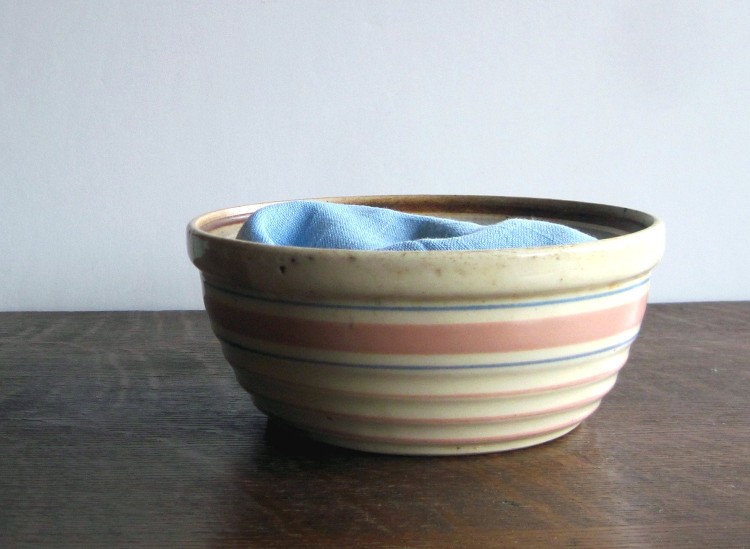 Vintage Striped Pottery Bowl, Pink Blue Antique Crockery