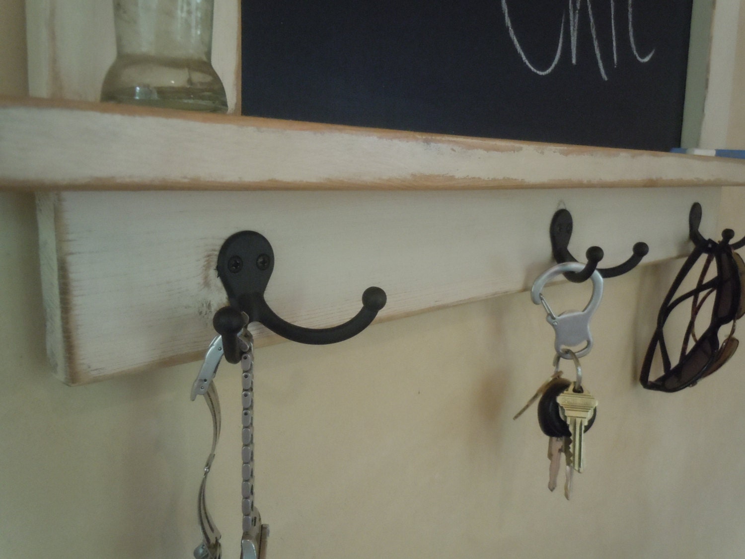 EXPEDITED-Rustic Chalk Board in White Wash Distressed and Antiqued with Shelf and Hooks-MADE to ORDER