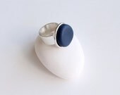Navy Ellipse Ring - Adjustable sterling silver plated ring band