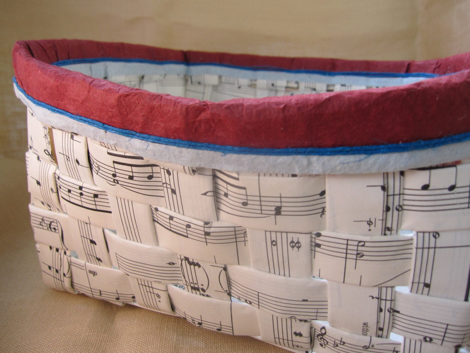 Paper basket  handwoven from vintage sheet music
