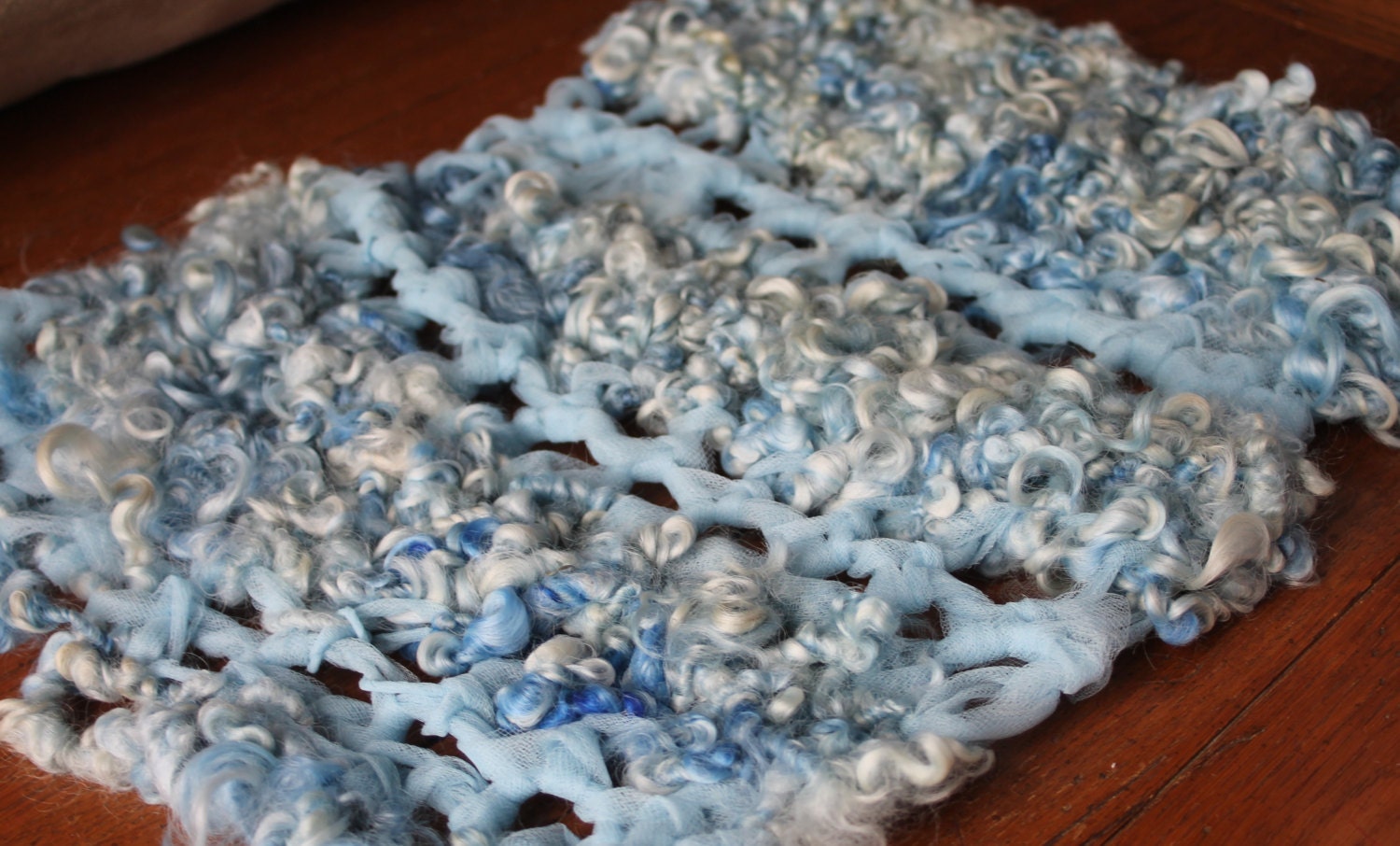 Hand Crocheted, Baby OOAK Photography Prop Blanket in Blue/White Wool Locks with Tule