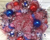 Very Patriotic Red and White Deco Mesh Wreath