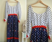 Vintage Blue, White, and Red Polka Dot HIppie Maxi Dress  - 1970s