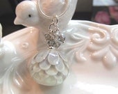 Necklace lampwork petal bead in white & grey with grey and clear crystals