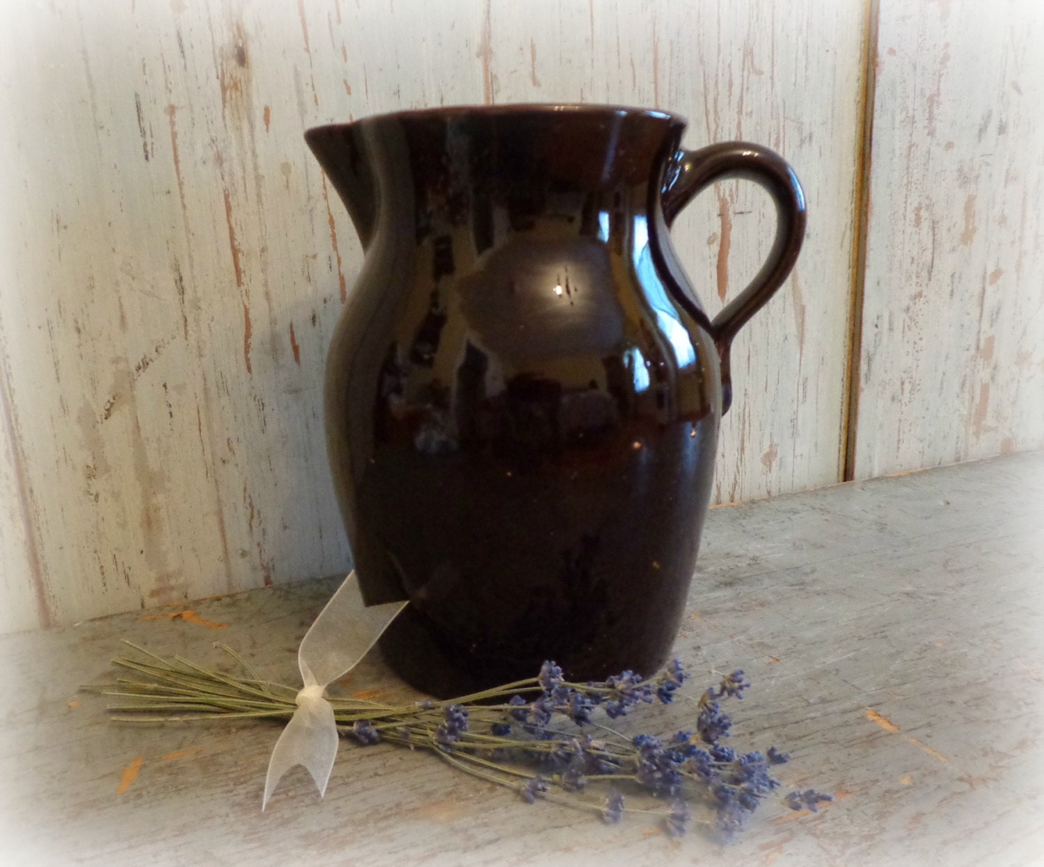 vintage brownware pitcher / ceramic glazed pitcher / rustic cottage / primitive farmhouse / EPSTeam
