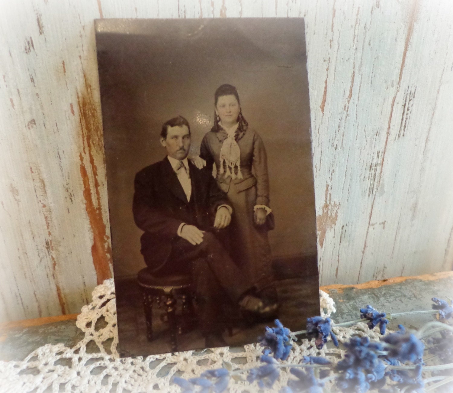 antique victorian tintype photograph  / cabinet card snapshot photo / lovely young couple / paper ephemera / EPSTeam