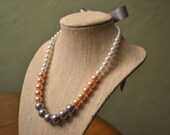 Mariah: Adult - Beautiful Bride, or Bridesmaid Color Block Pearl Necklace - White, Coral, and Gray Pearls - Ribbon Tie