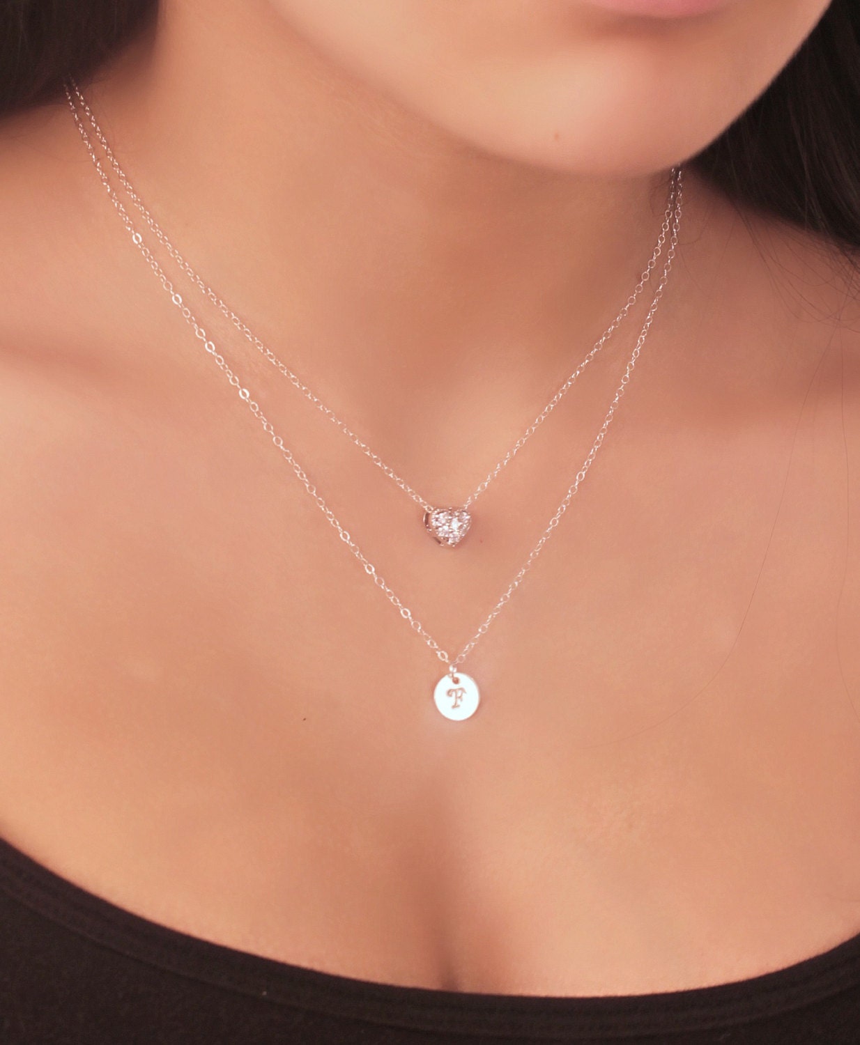 Layered Initial Necklace,Fine 925 sterling silver double chain,Cubic zirconia CZ Heart, personalized stamped letter, custom, love