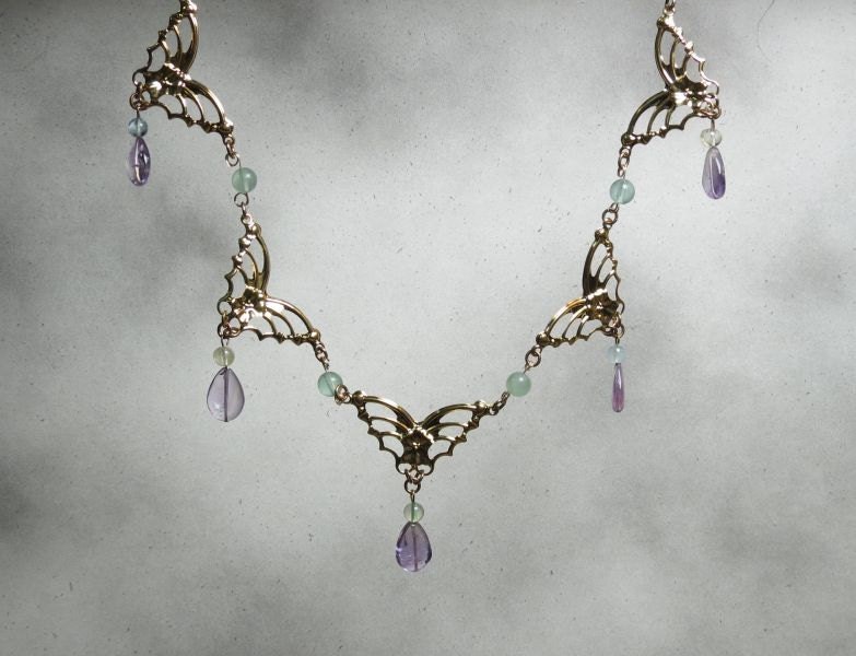 BUTTERFLY SALE - Butterflies and Lilac necklace. Butterfly collection.  Ametrine, aquamarine, and green fluorite. NECK-002