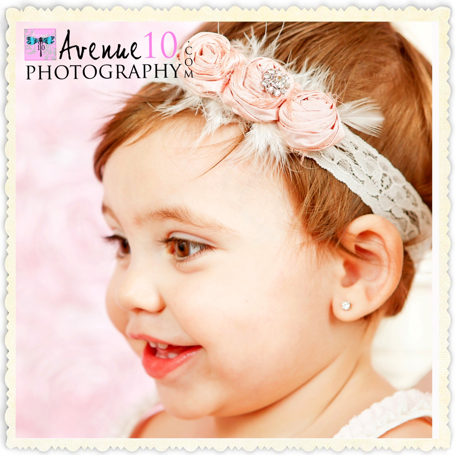 Triple Vintage Baby Pink Dupioni Silk Handrolled Rosette Headband with soft fluff feathers, and crystal detail