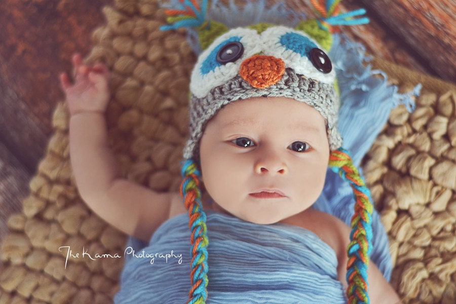 Crochet Owl Hat - Celadon green, gray, orange and teal - Photography Prop - 15 inch size - 6 month size - Made to order two days