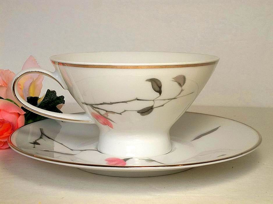 Vintage Rosenthal teacup and saucer set by Raymond Loewy Japanese Quince pink gray floral footed 2 sets available EXCELLENT
