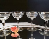 Vintage SET of FOUR champagne glasses saucers elegant etched coupes or dessert sorbet sherbet glasses cocktail stemmed