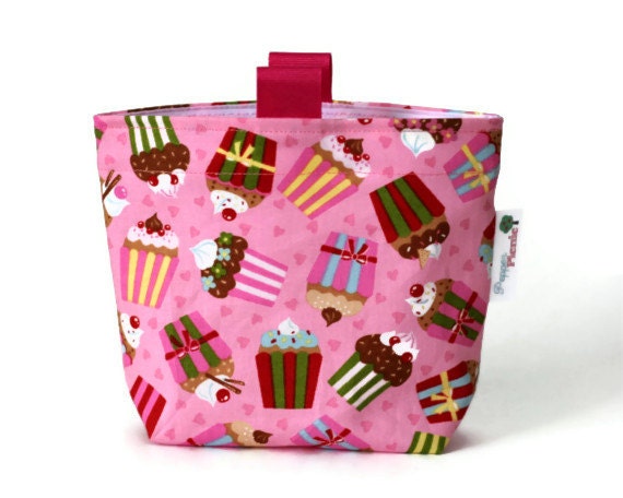Reusable Snack Bag, Eco Friendly, Gusset and Finger Tabs, Pink Cupcake Fabric, Birthday Party, Cherry on Top by Moda Fabrics