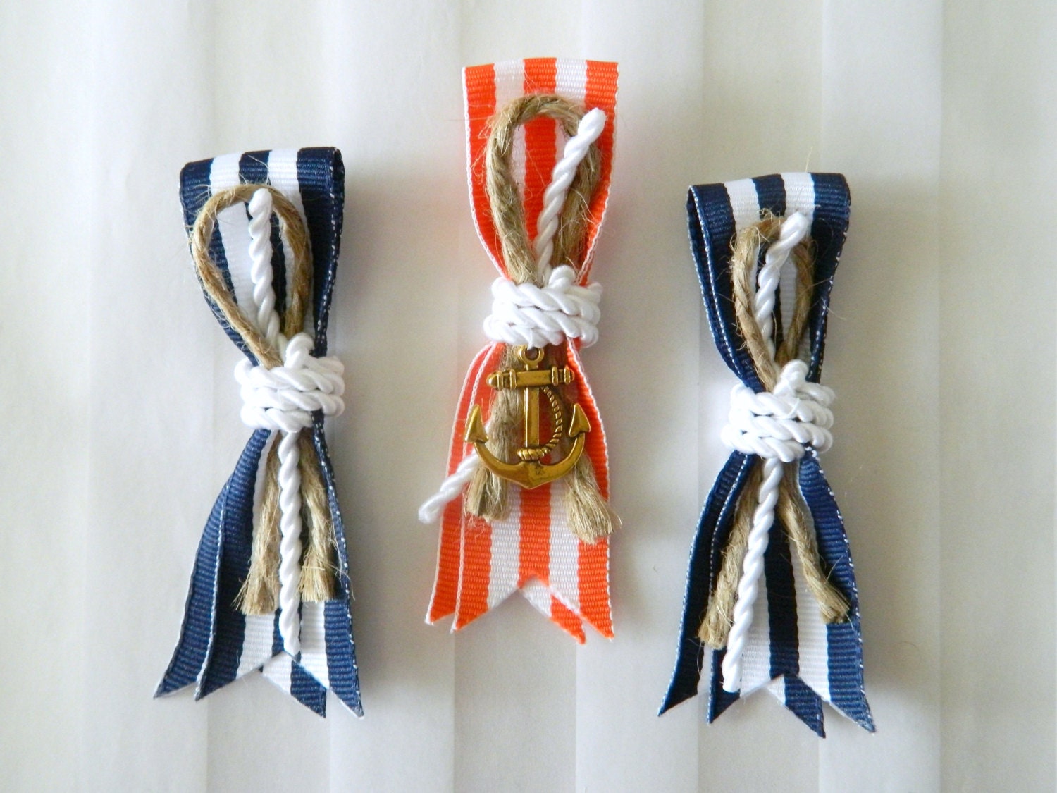 Nautical Boutonniere, Knotted Rope with Stripe ribbon & CHARM