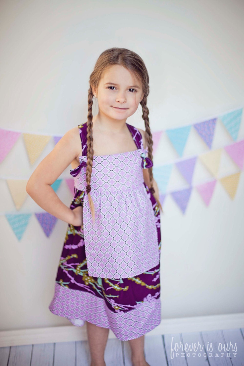 spring summer apron knot dress toddler girl baby outfit birds flowers purple mint