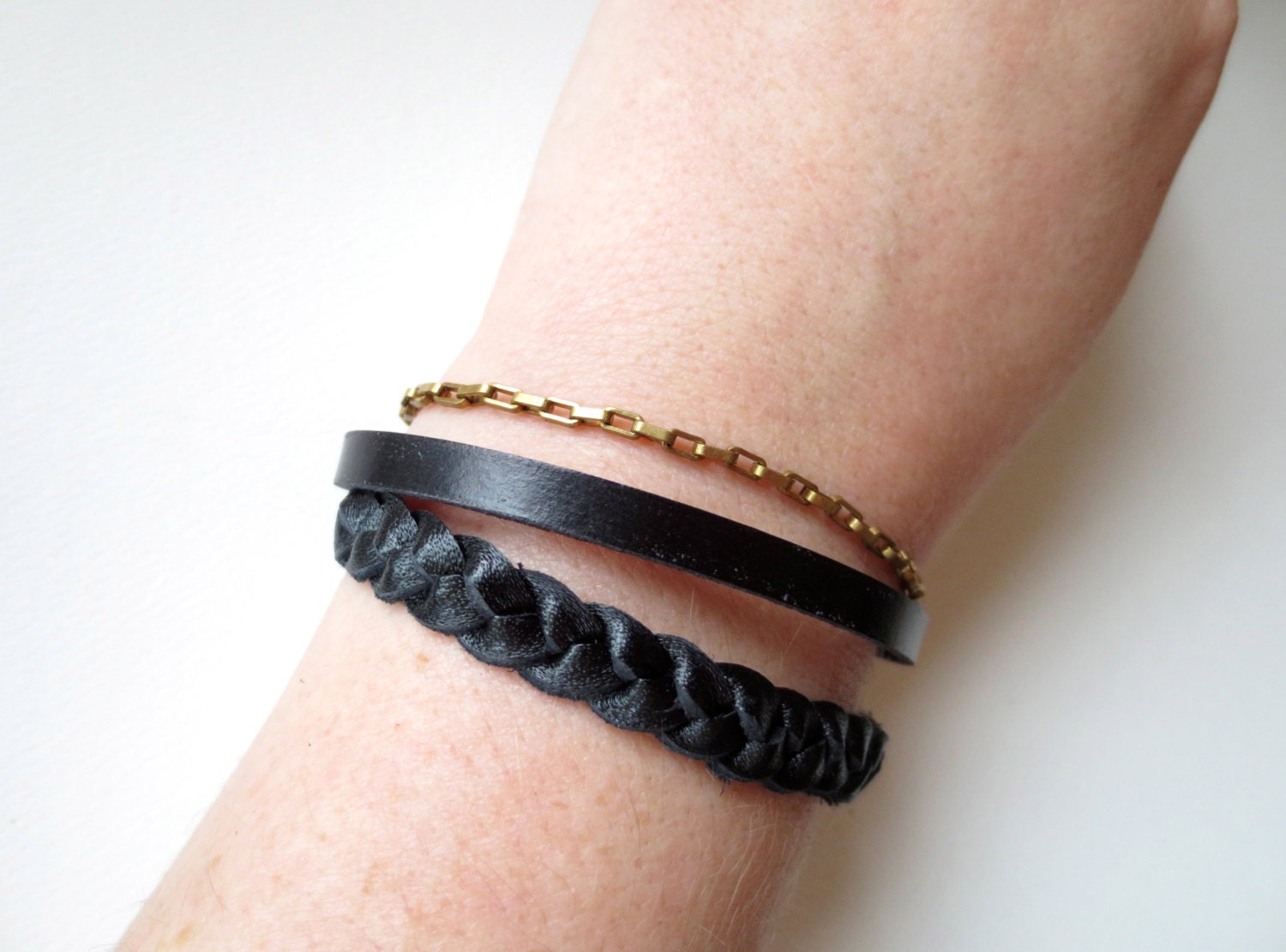 Handmade Black Leather Strap and Chain Bracelet