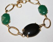Vintage Bracelet Green Black Cabochon Glass  1950s Jewelry