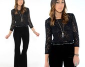 Vintage 90s BLACK LACE Beaded Fringe Top S