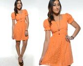 Vintage 70s Peach MINI BABYDOLL Dress S