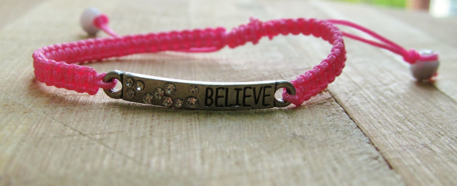 Silver Believe Sideway Charm Neon Pink Macrame Bracelet