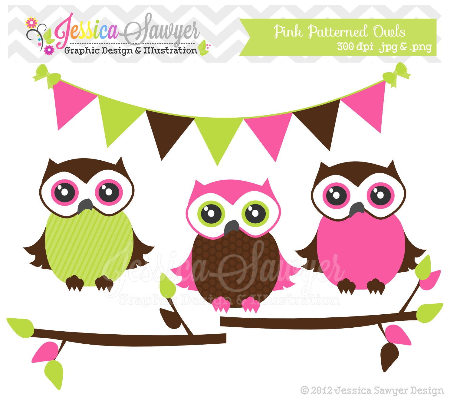 owl clip art, pink patterned owl clipart, bunting banner, branches for baby girl shower, commercial use, graphic instant download Il_170x135